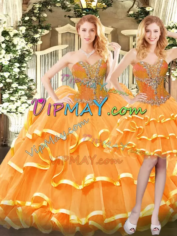 Orange Red Sleeveless Organza Lace Up 15th Birthday Dress for Military Ball and Sweet 16 and Quinceanera