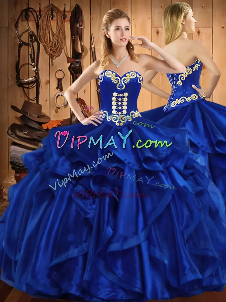 Sweetheart Sleeveless Quinceanera Gowns Floor Length Embroidery and Ruffles Royal Blue Organza