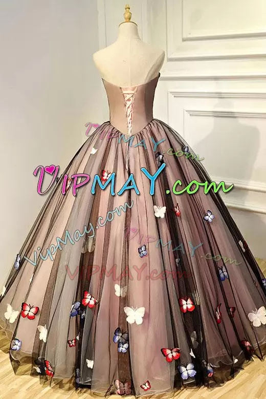 Beautiful Blush And Black Ball Gowns Tulle Long Beading and Handmade 3D Flowers 15 Quinceanera Dress with Butterflies