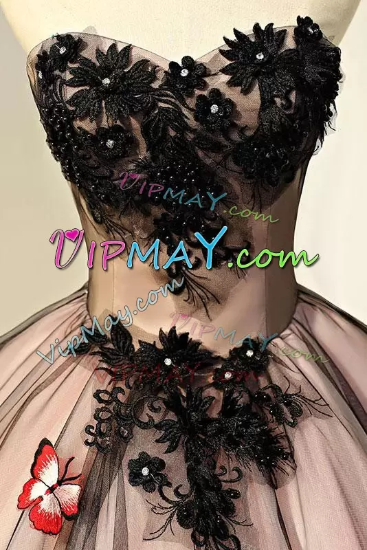Beautiful Blush And Black Ball Gowns Tulle Long Beading and Handmade 3D Flowers 15 Quinceanera Dress with Butterflies