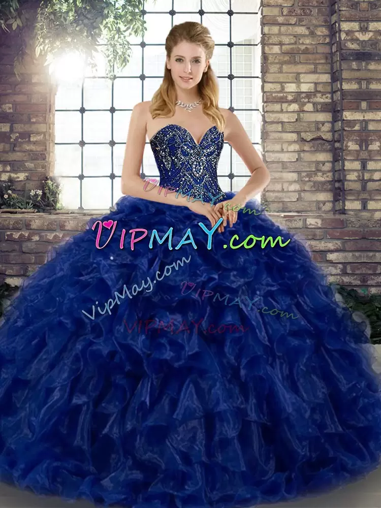 Royal Blue Sweetheart Lace Up Beading and Ruffles Quinceanera Dresses Sleeveless