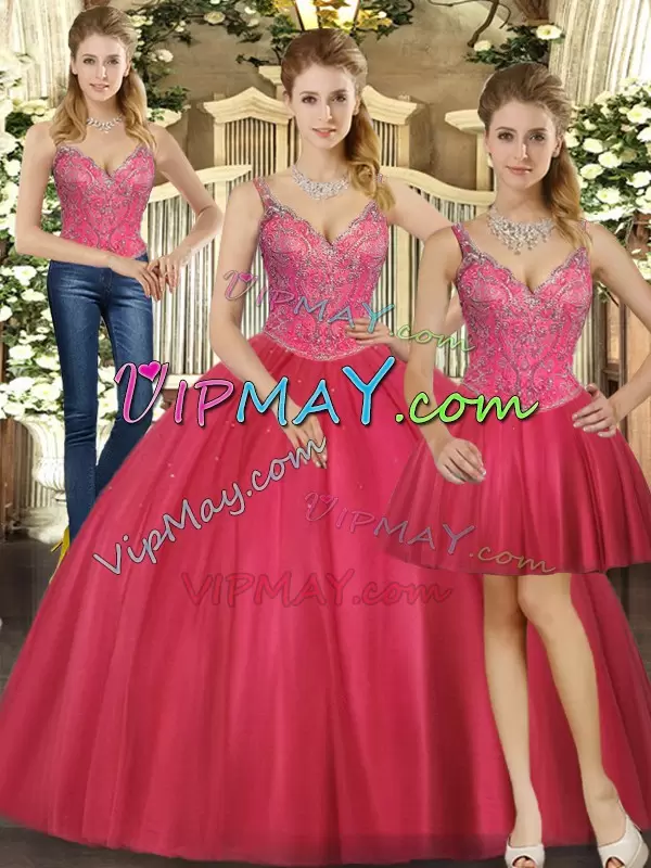 Floor Length Three Pieces Sleeveless Hot Pink Quinceanera Dress Lace Up