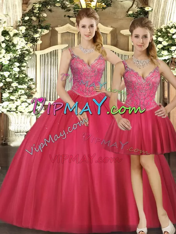 Floor Length Three Pieces Sleeveless Hot Pink Quinceanera Dress Lace Up