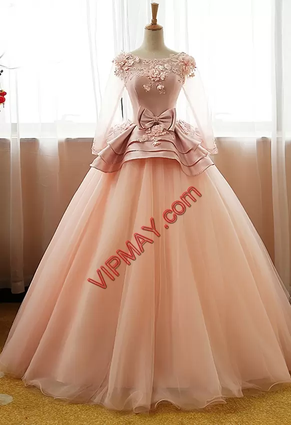 Nice Peach Quince Ball Gowns Sweet 16 and Quinceanera with Appliques Scoop Long Sleeves Lace Up