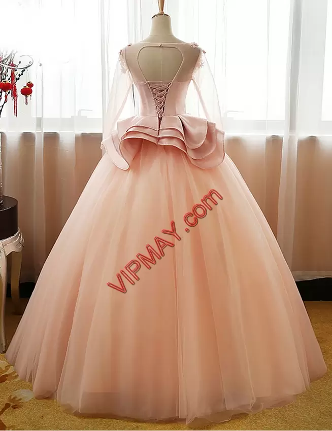 Nice Peach Quince Ball Gowns Sweet 16 and Quinceanera with Appliques Scoop Long Sleeves Lace Up