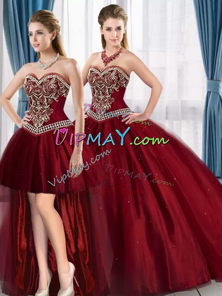 Amazing Floor Length Ball Gowns Sleeveless Wine Red Sweet 16 Dresses Lace Up