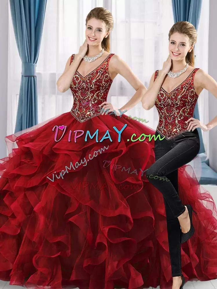 Luxury Wine Red Ball Gowns Beading and Ruffles Vestidos de Quinceanera Lace Up Tulle Sleeveless Floor Length