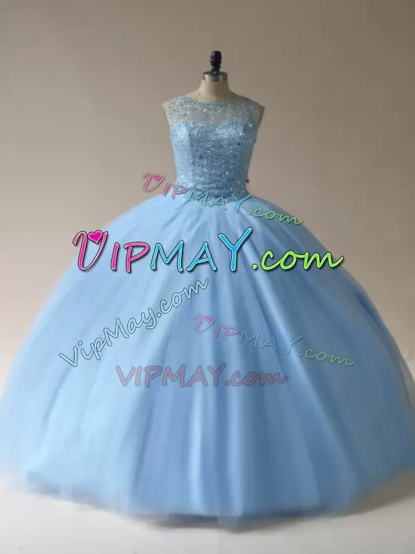 Light Blue Vestidos de Quinceanera Sweet 16 and Quinceanera with Beading Scoop Sleeveless Lace Up