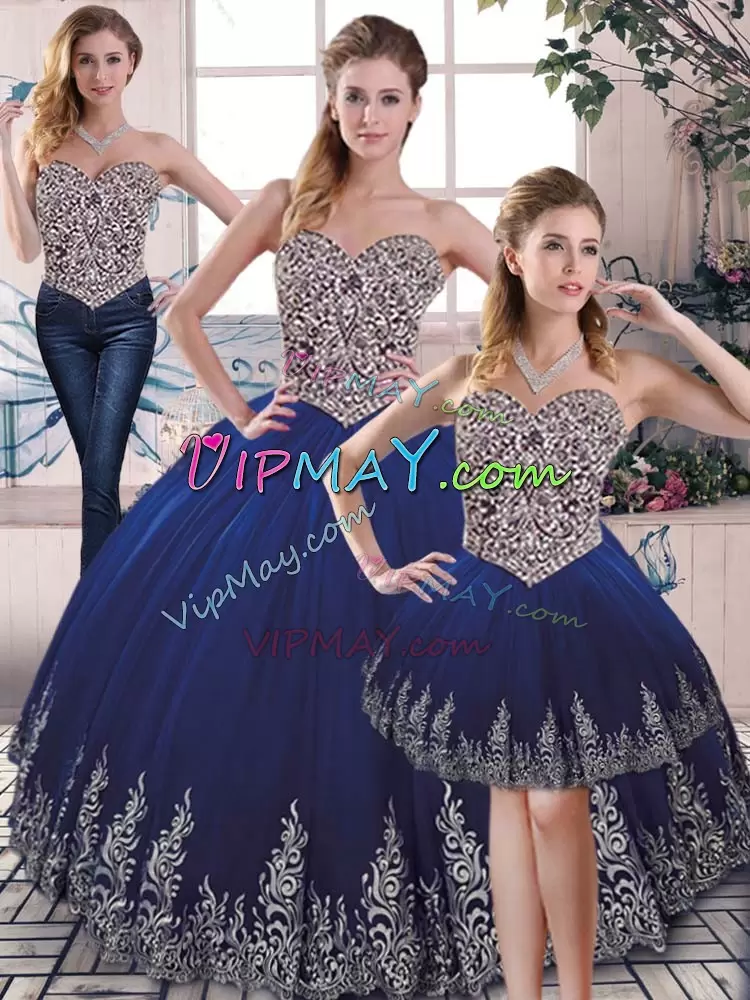 Elegant Sweetheart Sleeveless Lace Up Sweet 16 Dresses Royal Blue Tulle Embroidery