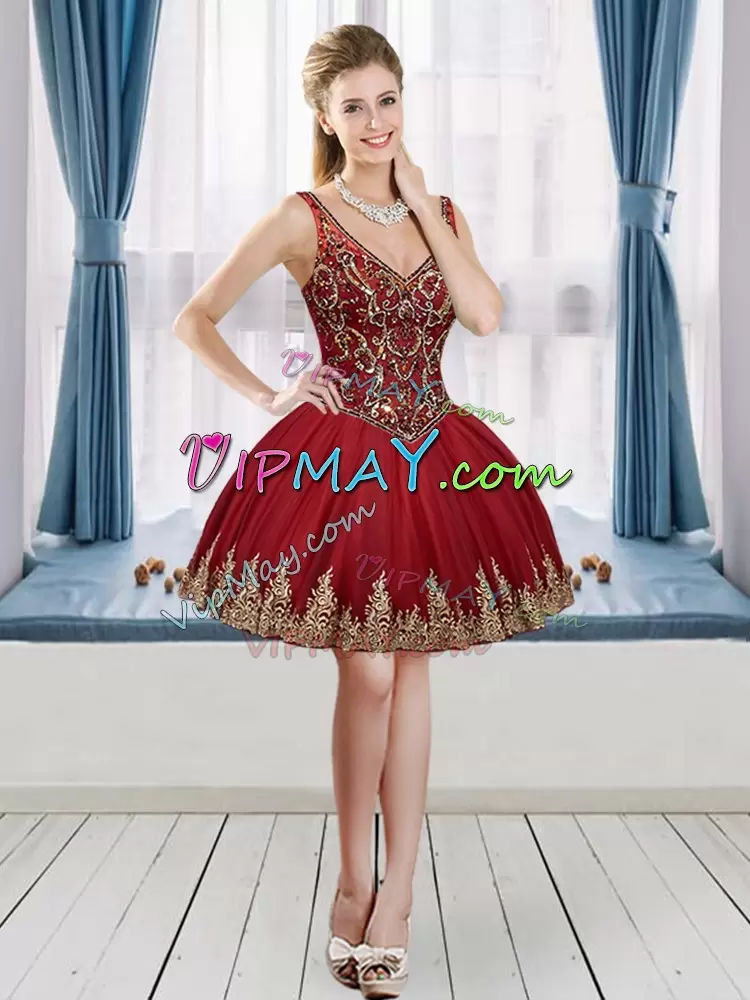 Custom Designed Sleeveless Floor Length Beading and Embroidery Lace Up Vestidos de Quinceanera with Red