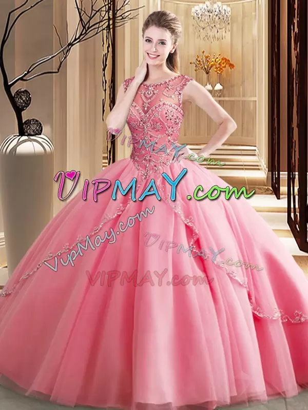 High Class Watermelon Red Quinceanera Gowns Tulle Brush Train Sleeveless Beading