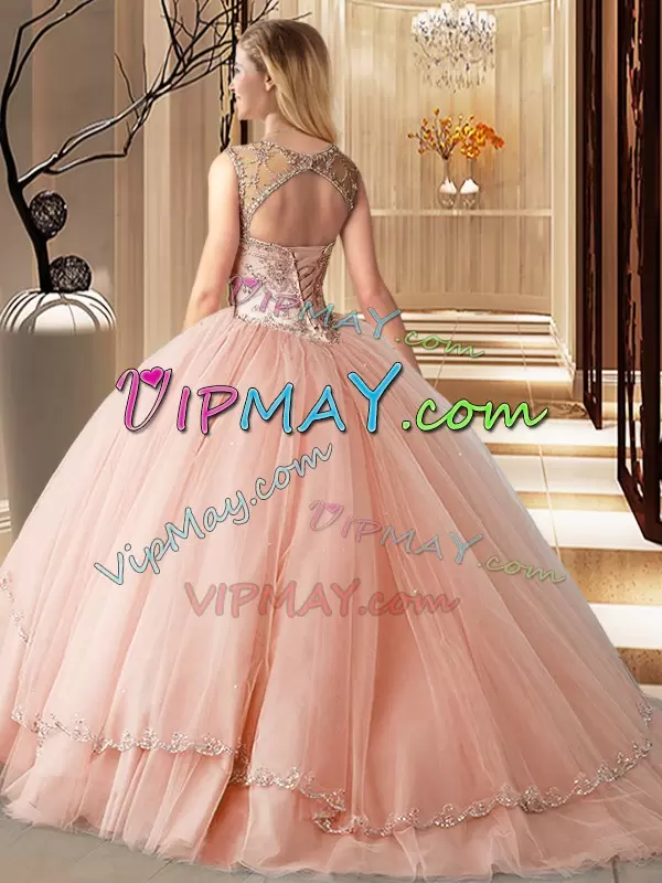 High Class Watermelon Red Quinceanera Gowns Tulle Brush Train Sleeveless Beading