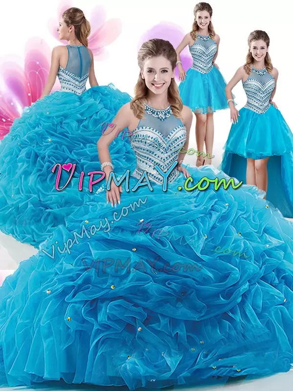 Hot Selling Aqua Blue Organza Zipper High-neck Sleeveless With Train Quinceanera Gown Court Train Ruffles and Pick Ups