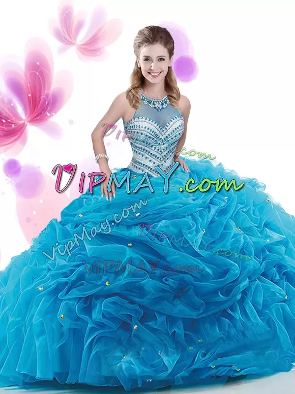 Hot Selling Aqua Blue Organza Zipper High-neck Sleeveless With Train Quinceanera Gown Court Train Ruffles and Pick Ups