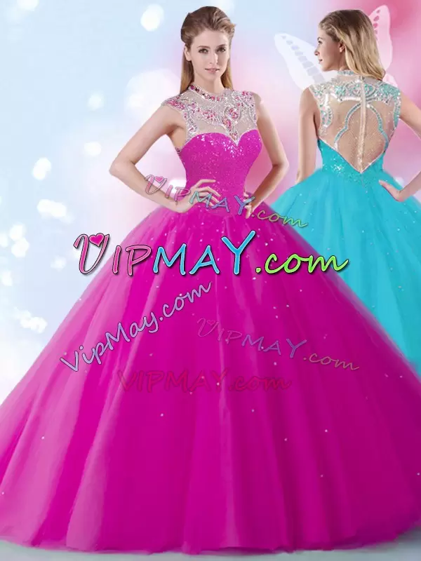 Floor Length Zipper Quinceanera Gowns Fuchsia for Military Ball and Sweet 16 and Quinceanera with Beading and Sequins