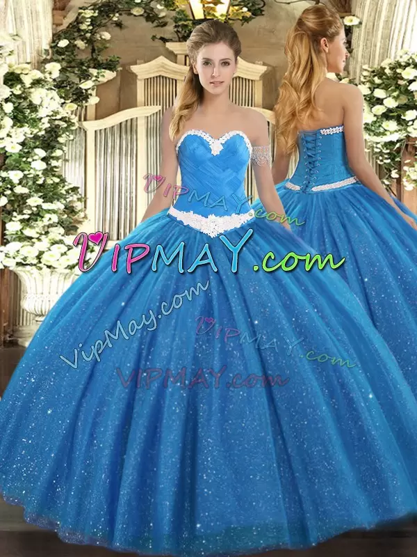 Delicate Blue Ball Gowns Sweetheart Sleeveless Tulle Floor Length Lace Up Appliques Quinceanera Dress