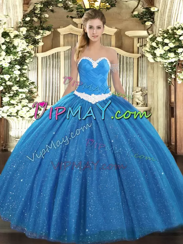 Delicate Blue Ball Gowns Sweetheart Sleeveless Tulle Floor Length Lace Up Appliques Quinceanera Dress