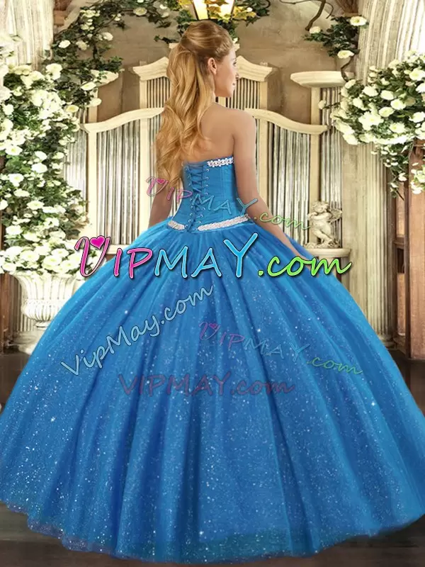 Delicate Blue Ball Gowns Sweetheart Sleeveless Tulle Floor Length Lace Up Appliques Quinceanera Dress