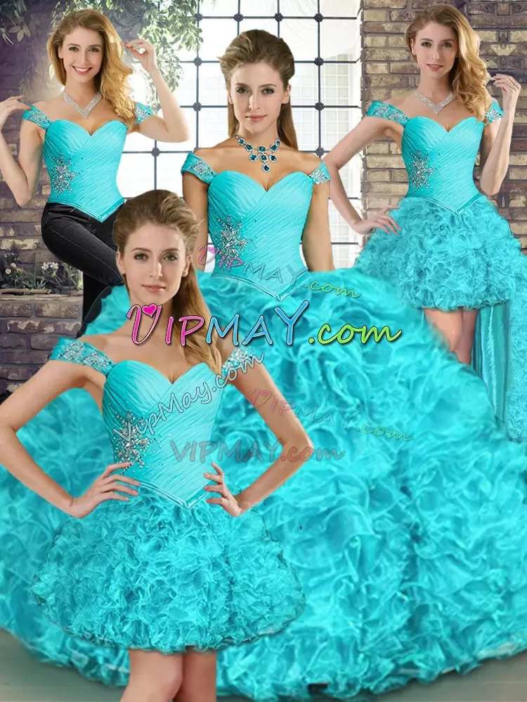 Smart Off The Shoulder Sleeveless Lace Up Sweet 16 Dresses Aqua Blue Organza Beading and Ruffles