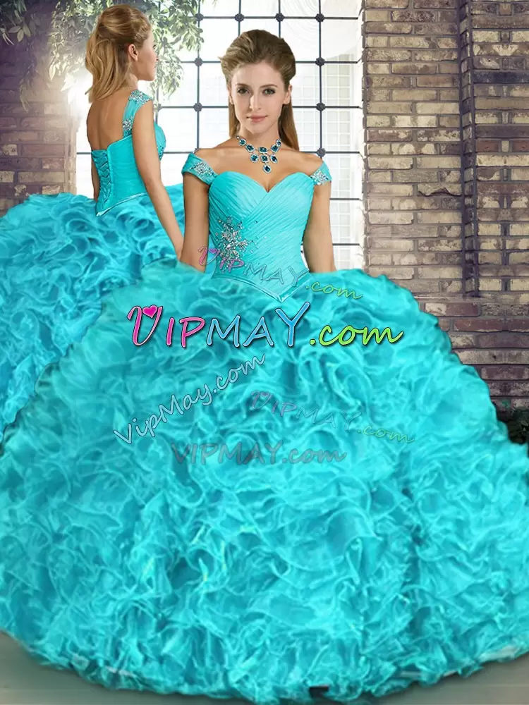 Smart Off The Shoulder Sleeveless Lace Up Sweet 16 Dresses Aqua Blue Organza Beading and Ruffles