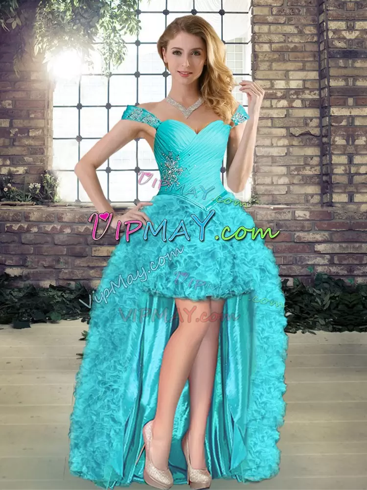 Smart Off The Shoulder Sleeveless Lace Up Sweet 16 Dresses Aqua Blue Organza Beading and Ruffles