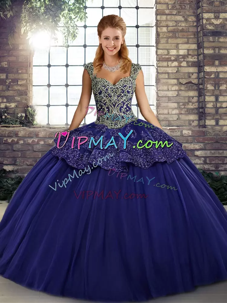 Floor Length Lace Up Quinceanera Dress Purple for Military Ball and Sweet 16 and Quinceanera with Beading and Appliques