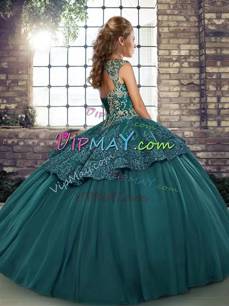 Floor Length Lace Up Quinceanera Dress Purple for Military Ball and Sweet 16 and Quinceanera with Beading and Appliques