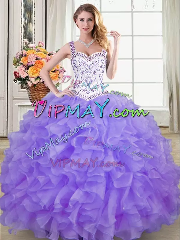 Lavender Organza Lace Up Quince Ball Gowns Sleeveless Floor Length Beading and Lace and Ruffles