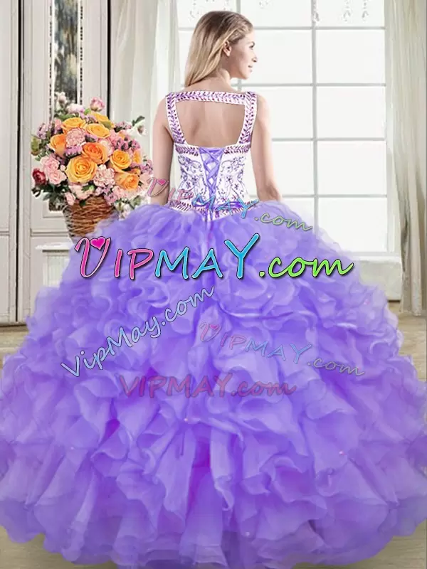 Lavender Organza Lace Up Quince Ball Gowns Sleeveless Floor Length Beading and Lace and Ruffles