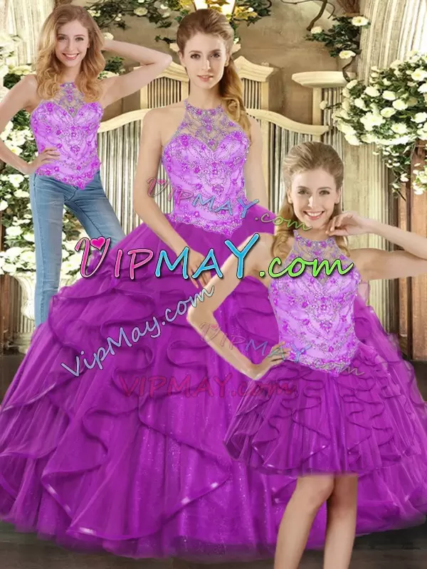 Modest Purple Ball Gowns Tulle Halter Top Sleeveless Beading and Ruffles Lace Up Quinceanera Gowns