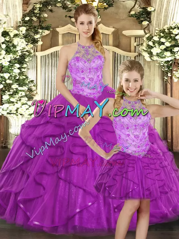 Modest Purple Ball Gowns Tulle Halter Top Sleeveless Beading and Ruffles Lace Up Quinceanera Gowns