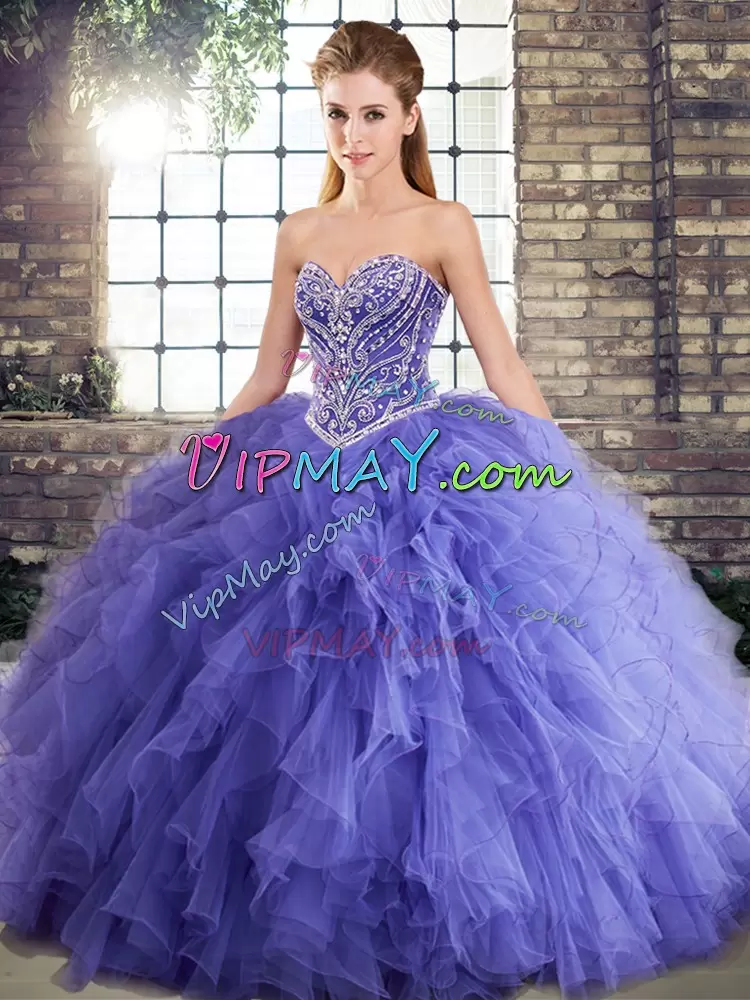 Sleeveless Floor Length Beading and Ruffles Lace Up Sweet 16 Dress with Lavender