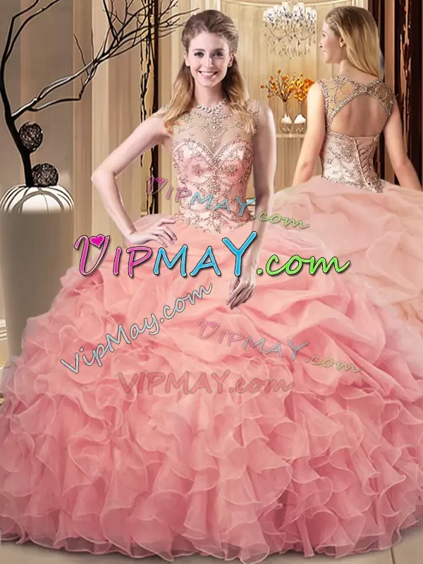 Wonderful Peach Scoop Lace Up Beading and Ruffles and Pick Ups Sweet 16 Dresses Sleeveless