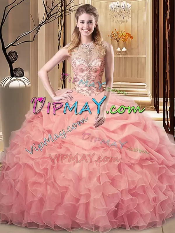 Wonderful Peach Scoop Lace Up Beading and Ruffles and Pick Ups Sweet 16 Dresses Sleeveless