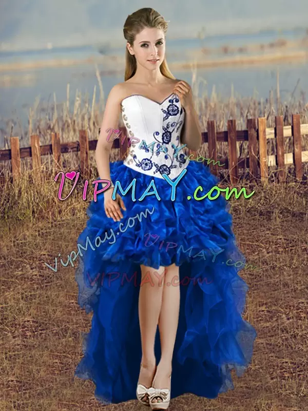 Edgy Blue And White Satin and Organza Lace Up 15th Birthday Dress Sleeveless Floor Length Embroidery and Ruffles