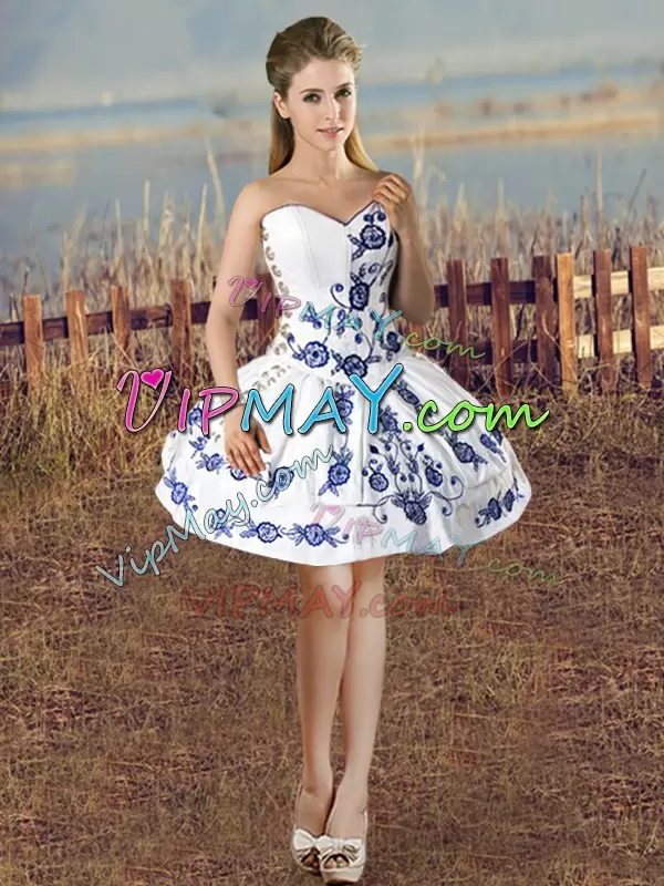 Edgy Blue And White Satin and Organza Lace Up 15th Birthday Dress Sleeveless Floor Length Embroidery and Ruffles