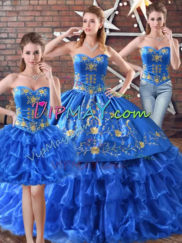 Luxurious Blue Organza Lace Up Sweet 16 Dresses Sleeveless Floor Length Embroidery and Ruffled Layers