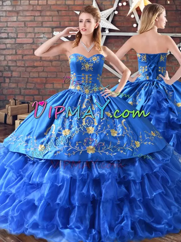 Luxurious Blue Organza Lace Up Sweet 16 Dresses Sleeveless Floor Length Embroidery and Ruffled Layers