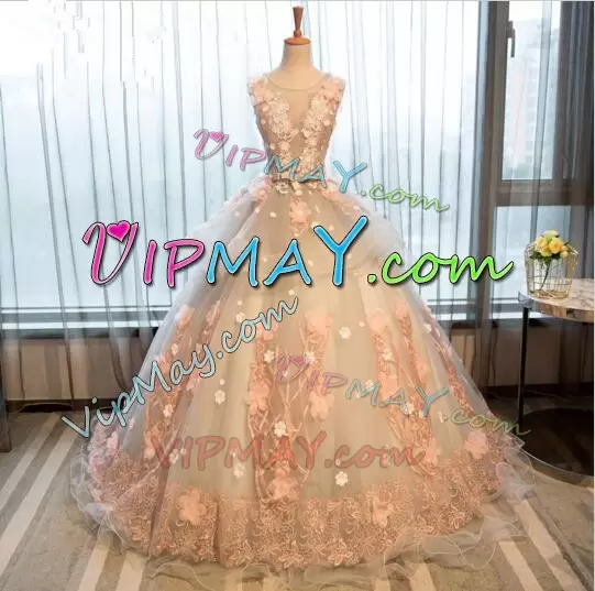 Discount Champagne Quinceanera Gown Lace and Belt and 3D Flower