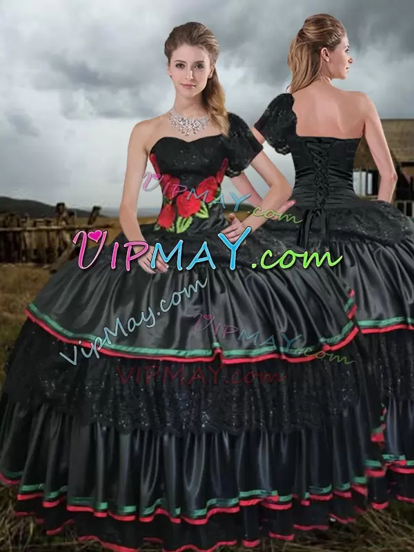 Sweep Train Ball Gowns Quinceanera Dresses Black One Shoulder Taffeta Sleeveless With Train Lace Up