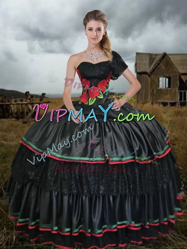 Sweep Train Ball Gowns Quinceanera Dresses Black One Shoulder Taffeta Sleeveless With Train Lace Up