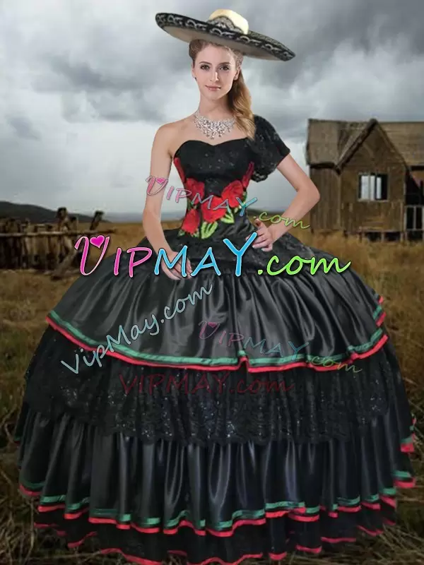 Sweep Train Ball Gowns Quinceanera Dresses Black One Shoulder Taffeta Sleeveless With Train Lace Up