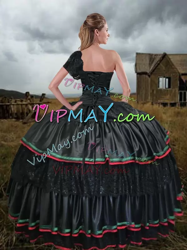 Sweep Train Ball Gowns Quinceanera Dresses Black One Shoulder Taffeta Sleeveless With Train Lace Up