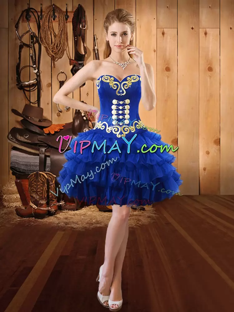 Smart Blue Sleeveless Embroidery and Ruffled Layers Floor Length Sweet 16 Dress