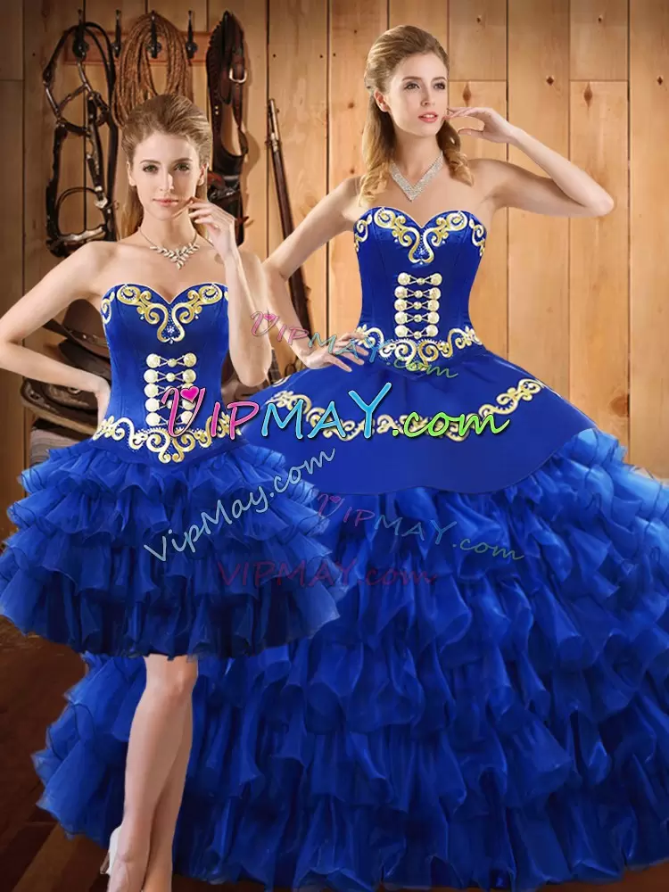 Smart Blue Sleeveless Embroidery and Ruffled Layers Floor Length Sweet 16 Dress