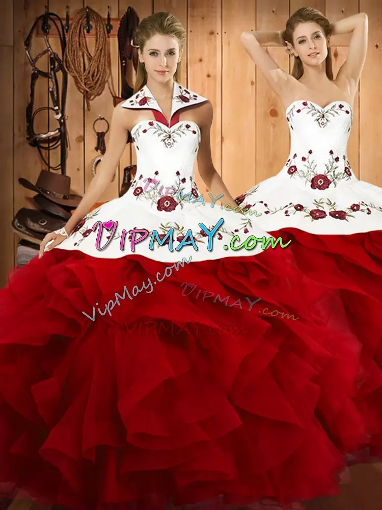 Captivating Halter Top Sleeveless Ball Gown Prom Dress Floor Length Embroidery and Ruffles Wine Red Satin and Organza