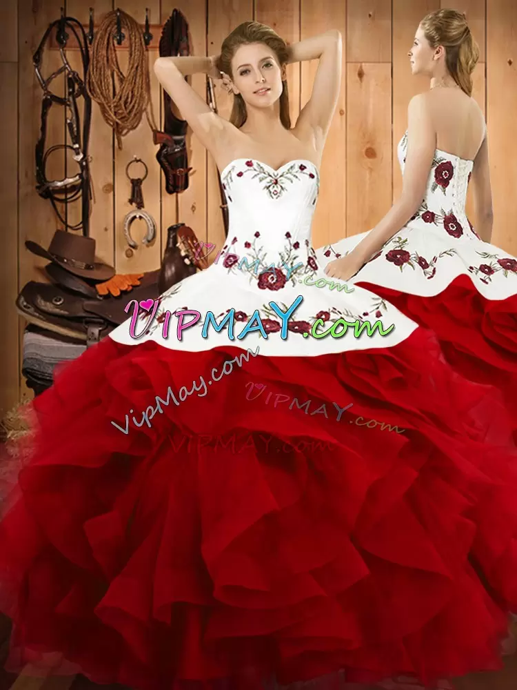 Captivating Halter Top Sleeveless Ball Gown Prom Dress Floor Length Embroidery and Ruffles Wine Red Satin and Organza