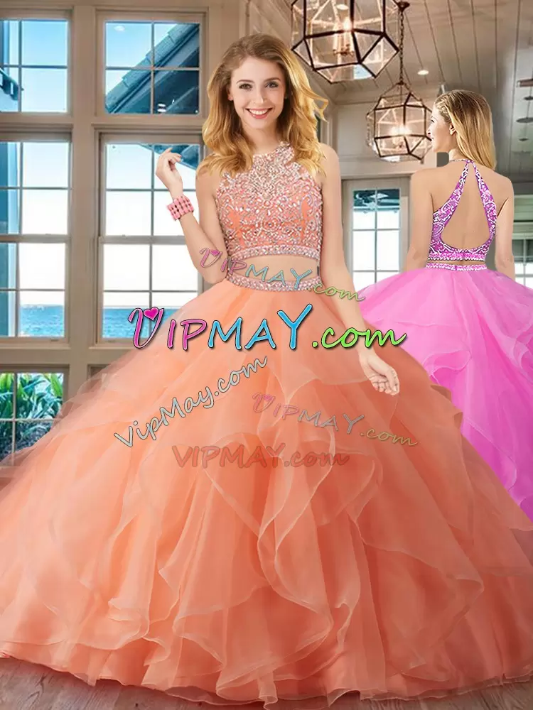 Organza Sleeveless Floor Length Ball Gown Prom Dress and Beading and Ruffles