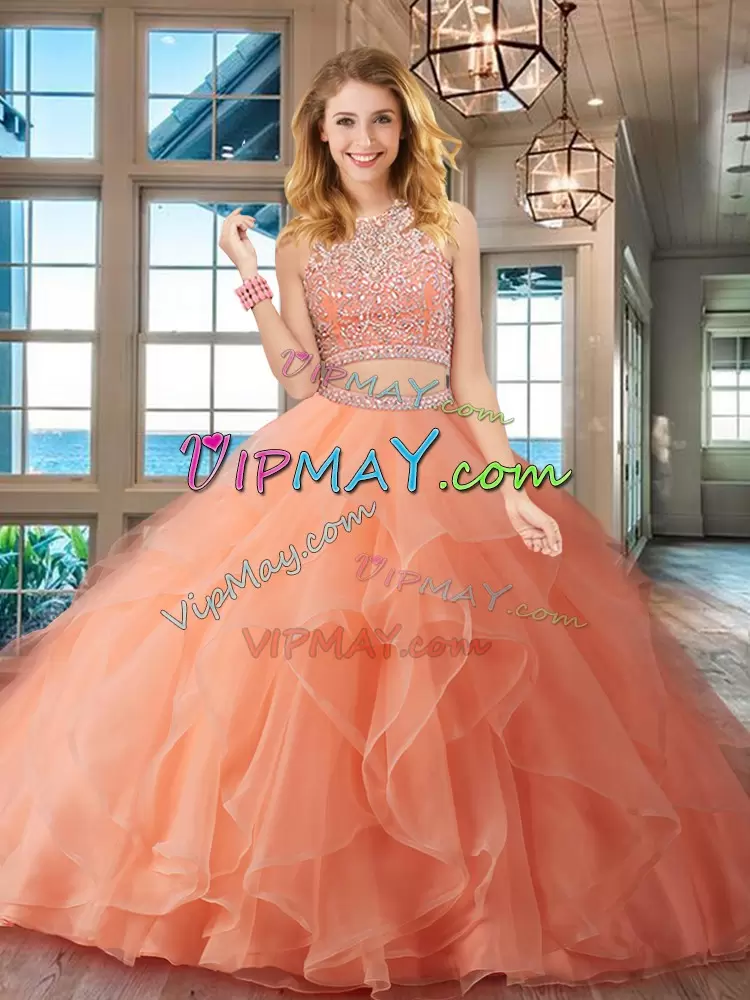 Organza Sleeveless Floor Length Ball Gown Prom Dress and Beading and Ruffles