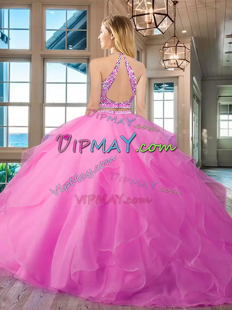 Organza Sleeveless Floor Length Ball Gown Prom Dress and Beading and Ruffles